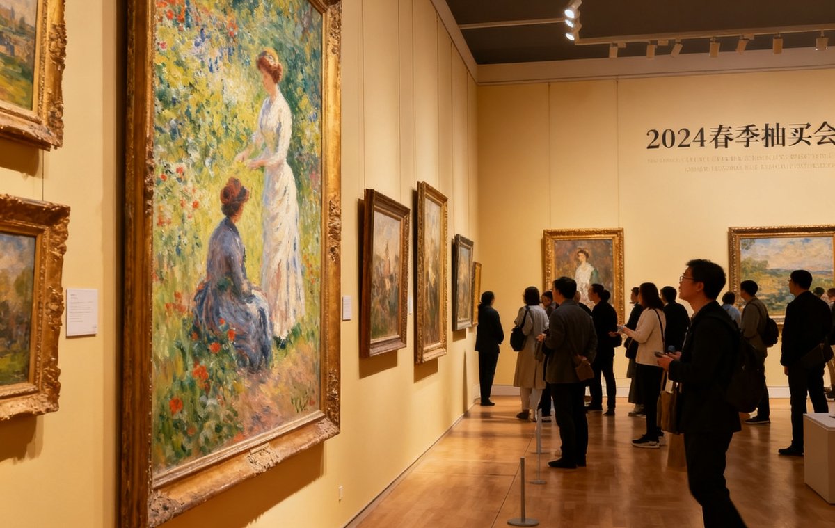 2025年春季拍卖会预展现场的广角照片，展厅内陈列着多幅印象派风格的油画作品，参观者络绎不绝，灯光柔和地照亮每一件展品。
