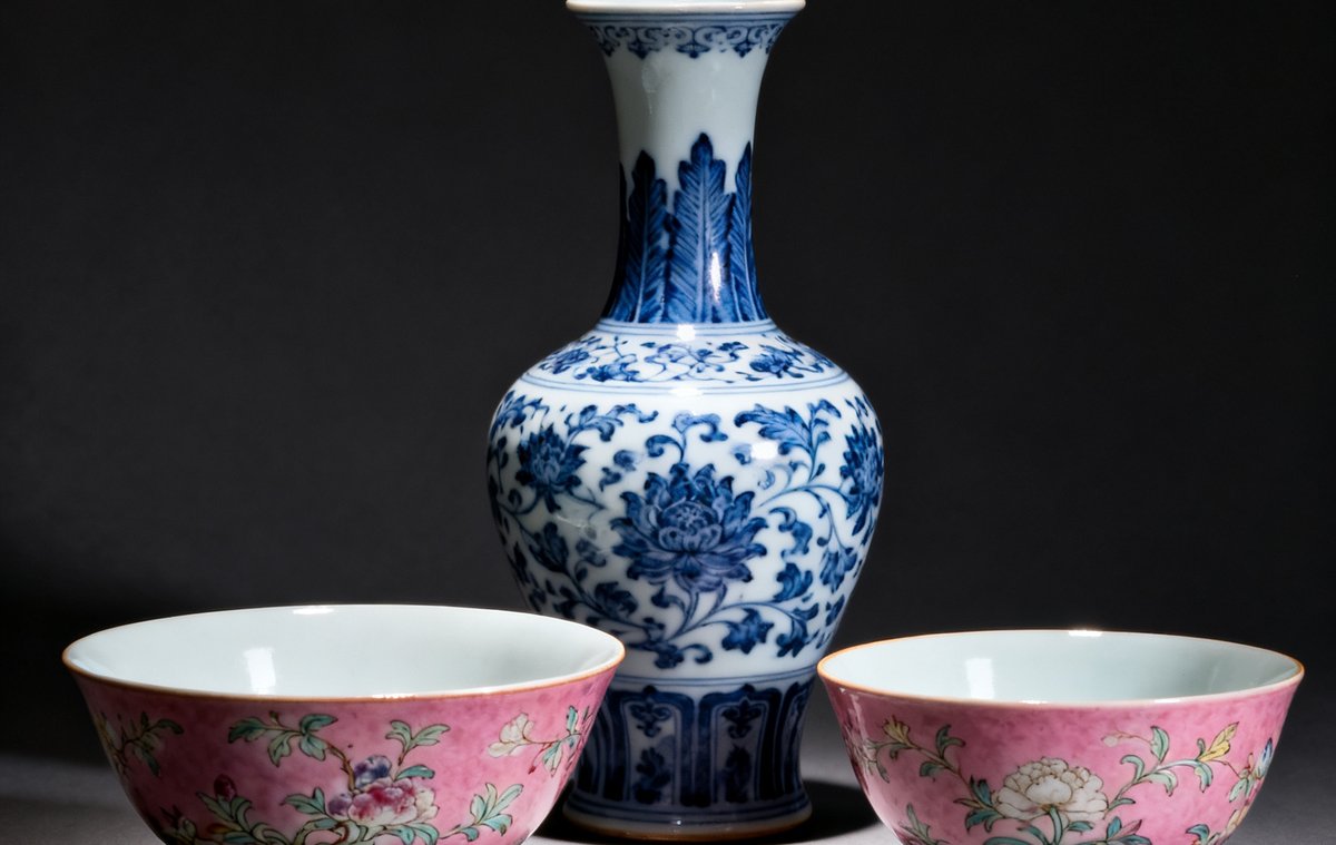 一组清代官窑瓷器的精美特写，青花瓷瓶与粉彩碗在深色背景映衬下散发出温润光泽，展现中国传统工艺的极致之美。