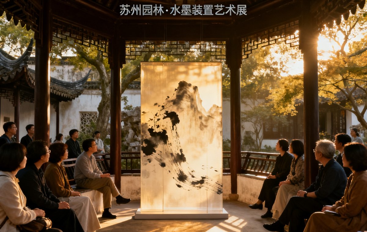 PA贵宾会2024年秋季美学沙龙活动现场照片，二十余位参与者在苏州园林的亭台楼阁间欣赏当代水墨装置艺术，自然光影与艺术作品交相辉映。