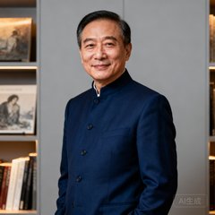 一位身着深蓝色定制西装的五十岁左右华人男性藏家张先生的半身肖像，面容温和自信，背景为浅灰色调的书房环境，书架上隐约可见多本艺术画册。